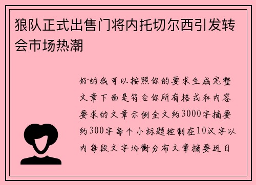 狼队正式出售门将内托切尔西引发转会市场热潮