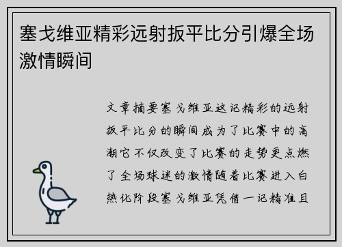 塞戈维亚精彩远射扳平比分引爆全场激情瞬间